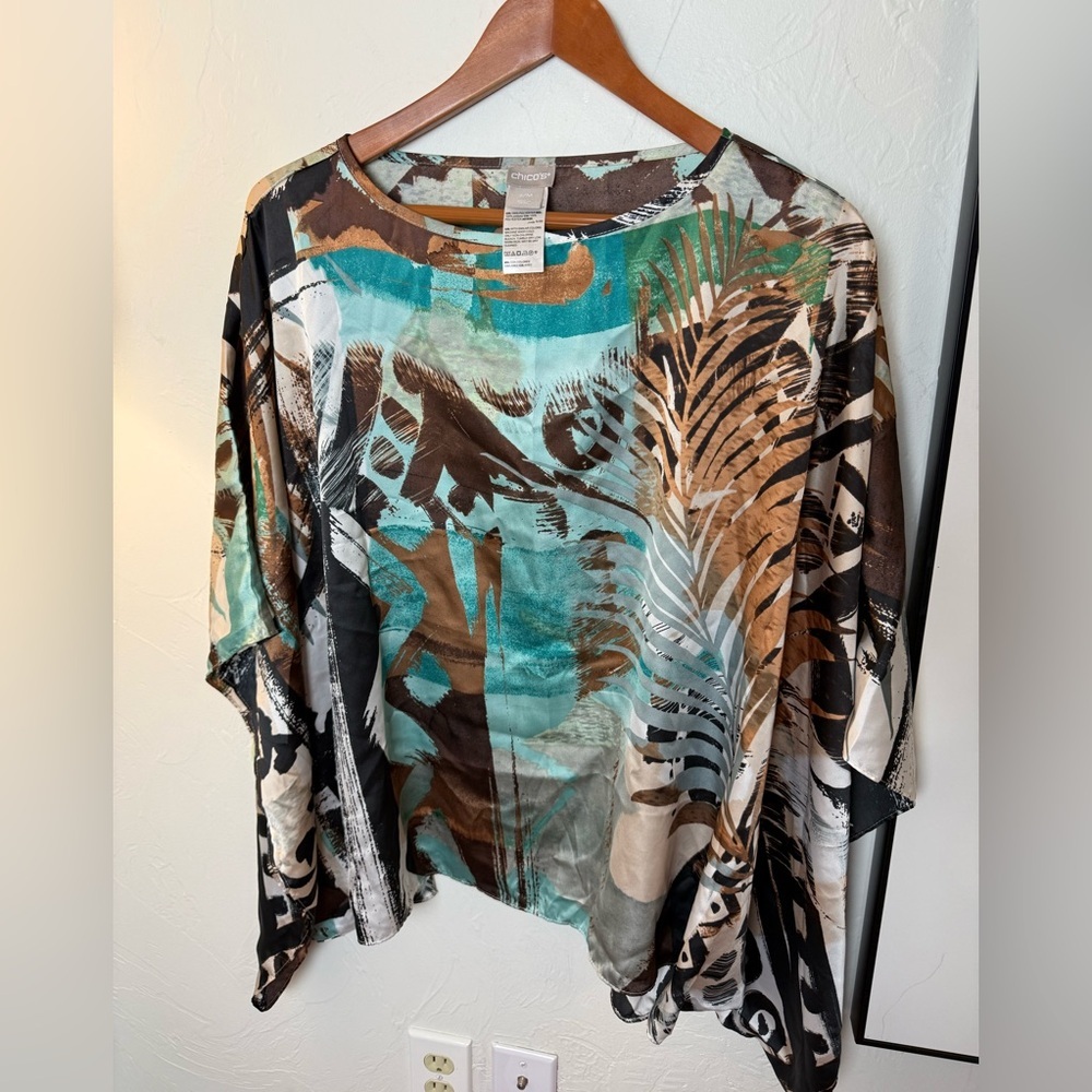 Chico's Teal and Brown Abstract Blouse